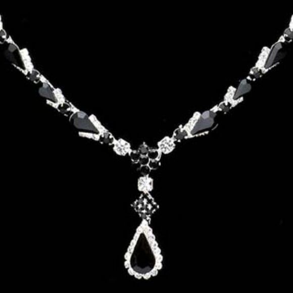 Black Teardrop Stone Detail Rhinestone Necklace Set - Picture 3 of 6